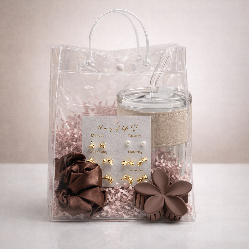 Aesthetic Gift Hamper Set – Tumbler, Earrings, Scrunchie & Hair Claw
