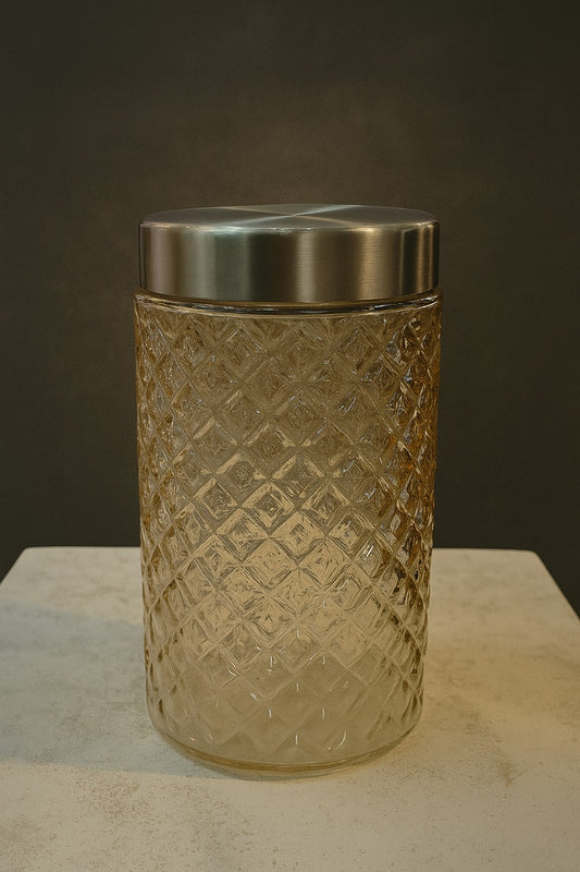 Diamond-Cut Glass Storage Jar with Metallic Lid
