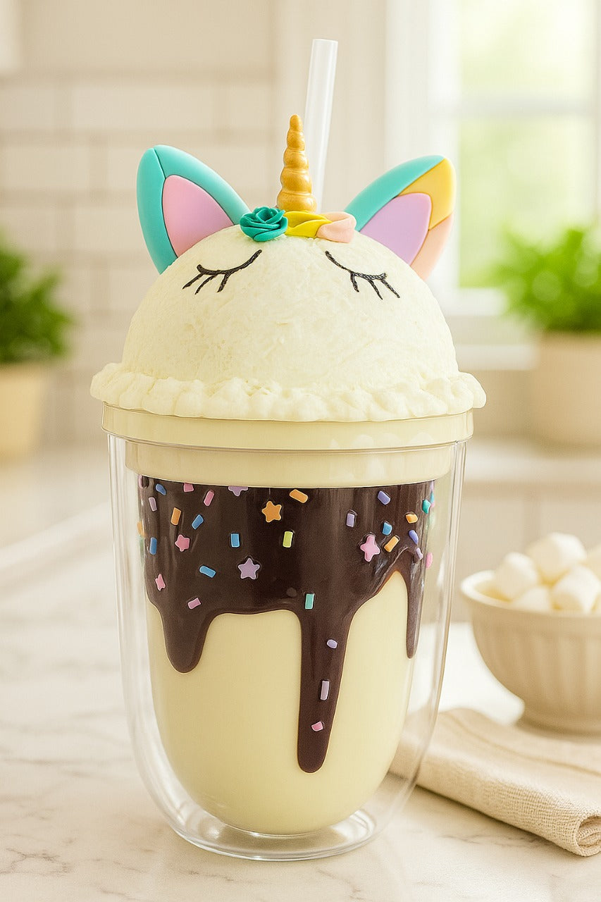 Magical Unicorn Ice Cream Tumbler Cup – Dual-Layered with Lid & Straw