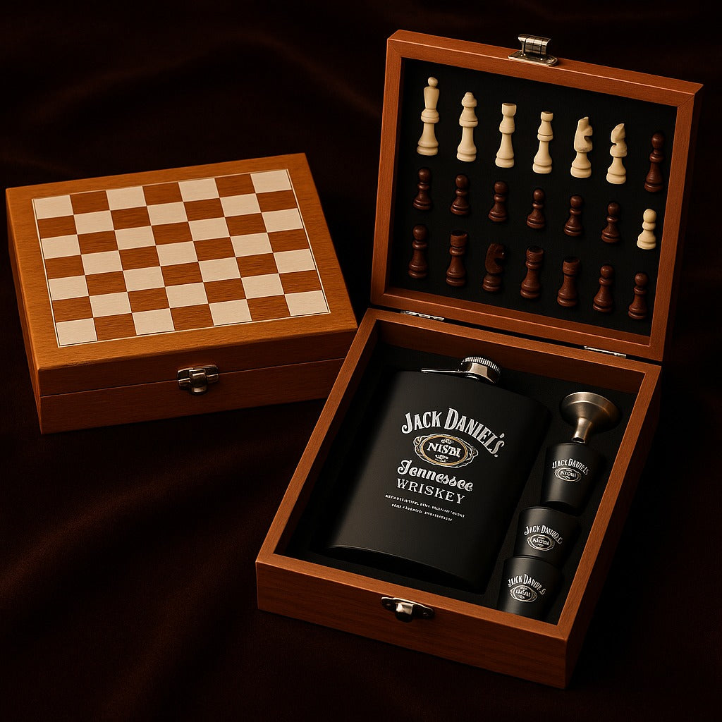 Gentleman’s Whiskey Chess Set – Wooden Chessboard Gift Box with Flask & Shot Glasses