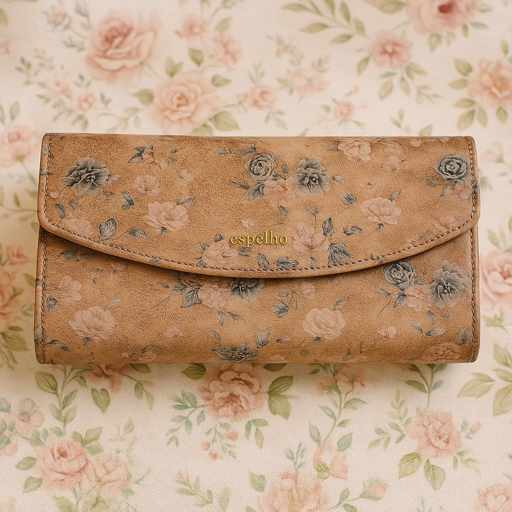 Espelho Vintage Bloom Wallet – Floral Faux Leather Clutch (Beige & Monochrome Editions)