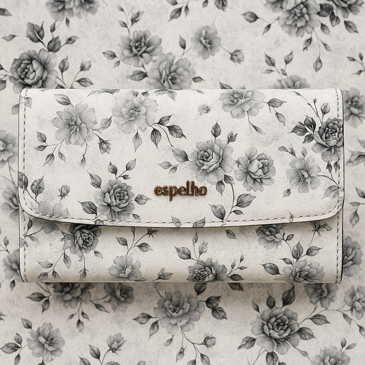 Espelho Vintage Bloom Wallet – Floral Faux Leather Clutch (Beige & Monochrome Editions)