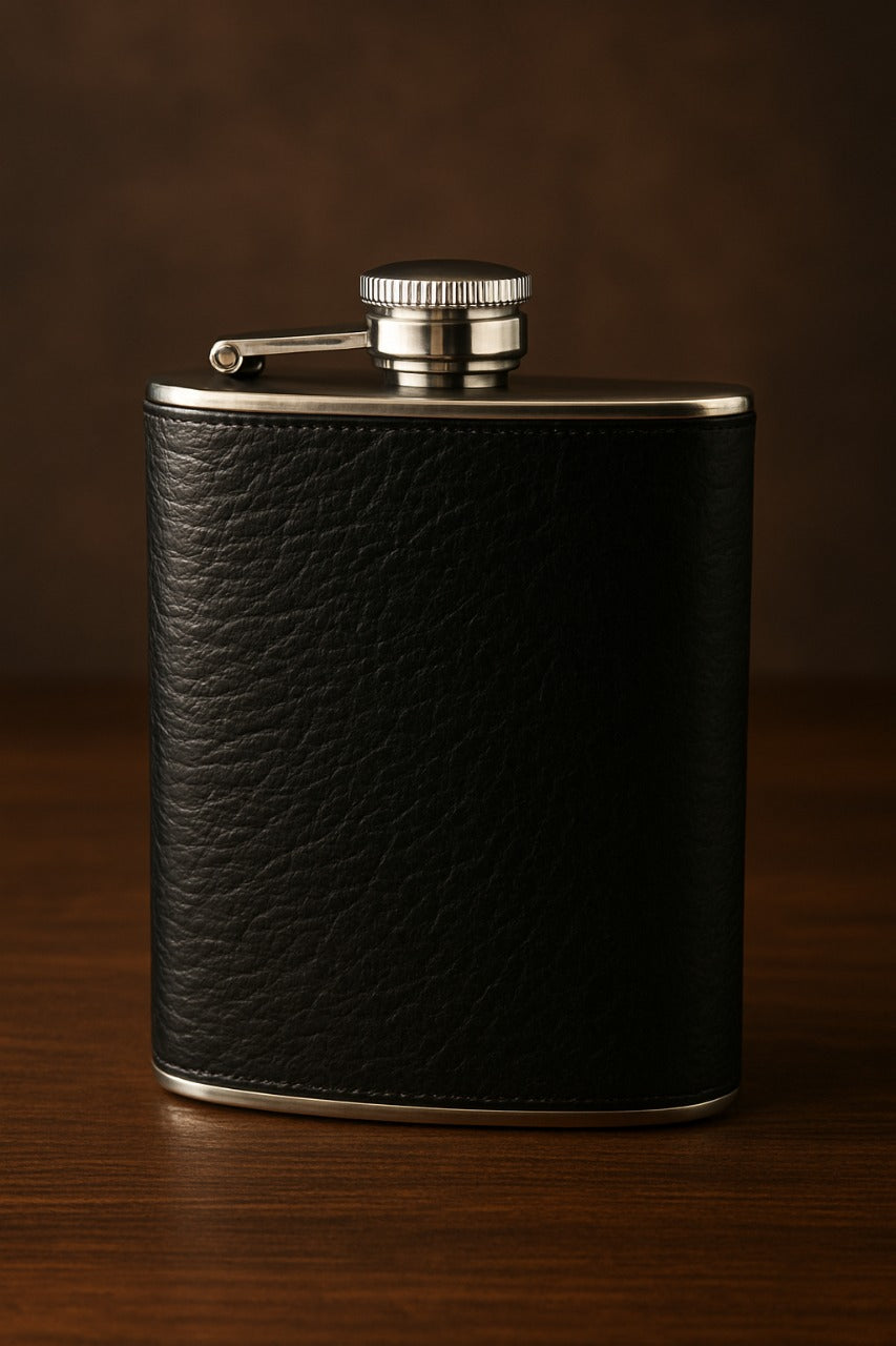 Classic Gentleman’s Hip Flask – Black Leather-Wrapped Stainless Steel Pocket Flask (8 oz)