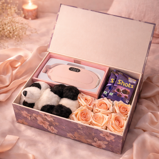 Jushampered™ Luxury Self-Care Gift Hamper for Women | Heating Belt, Panda Plush, Roses & Chocolates