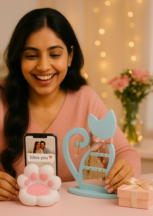 Purrfect Cat Earring Holder & Paw-Shaped Mobile Stand Gift Combo
