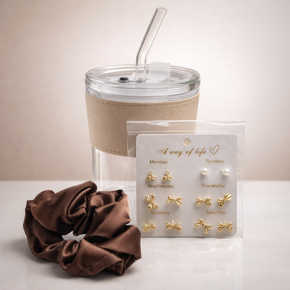 Aesthetic Gift Hamper Set – Tumbler, Earrings, Scrunchie & Hair Claw