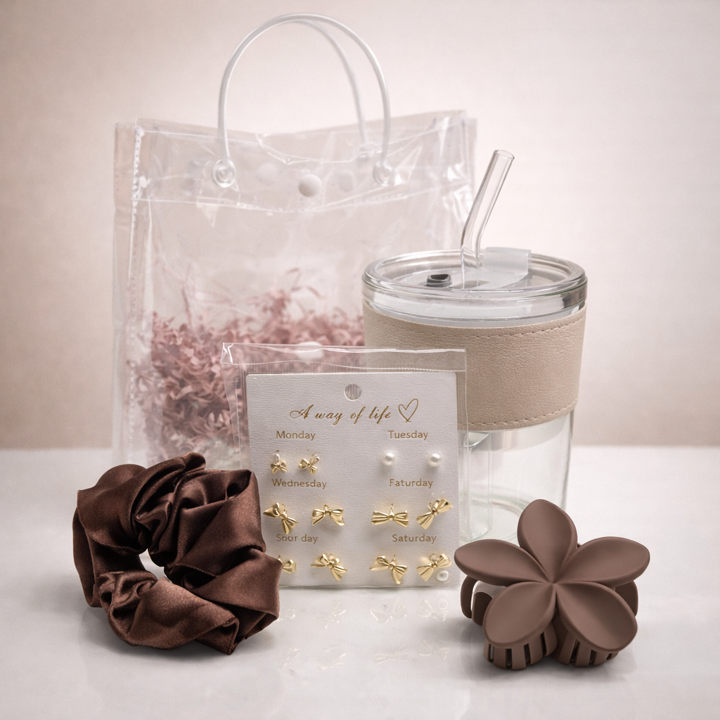 Aesthetic Gift Hamper Set – Tumbler, Earrings, Scrunchie & Hair Claw