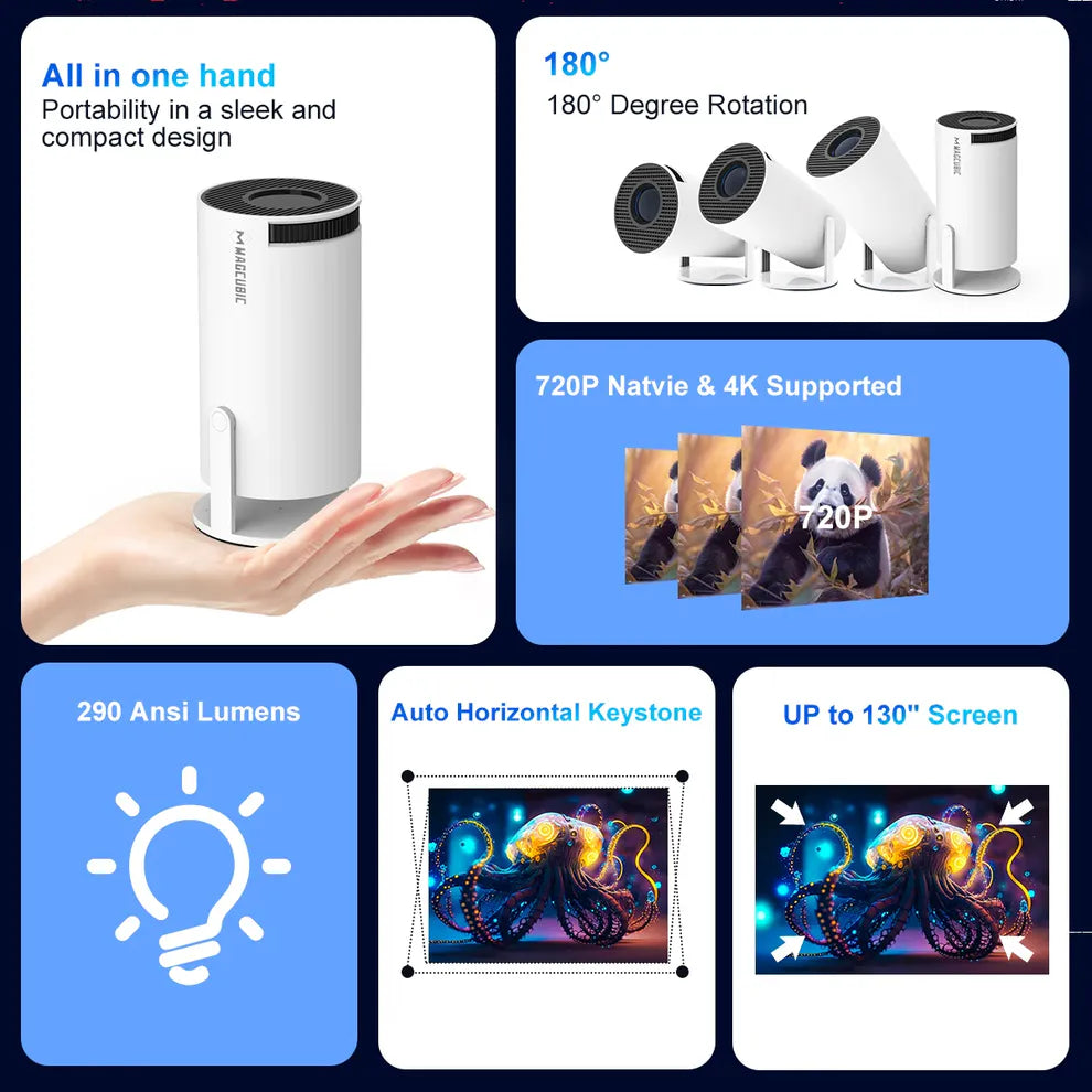 HY300 Smart Mini Portable Projector | 1080P Full HD / 4K Decoding | Auto Keystone | 180° Rotatable | Android 11 | WiFi 6 & BT 5.0
