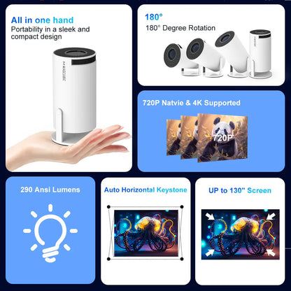HY300 Smart Mini Portable Projector | 1080P Full HD / 4K Decoding | Auto Keystone | 180° Rotatable | Android 11 | WiFi 6 & BT 5.0
