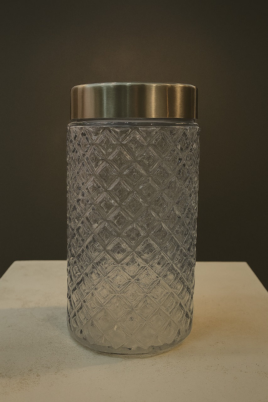 Diamond-Cut Glass Storage Jar with Metallic Lid