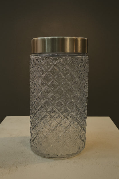 Diamond-Cut Glass Storage Jar with Metallic Lid
