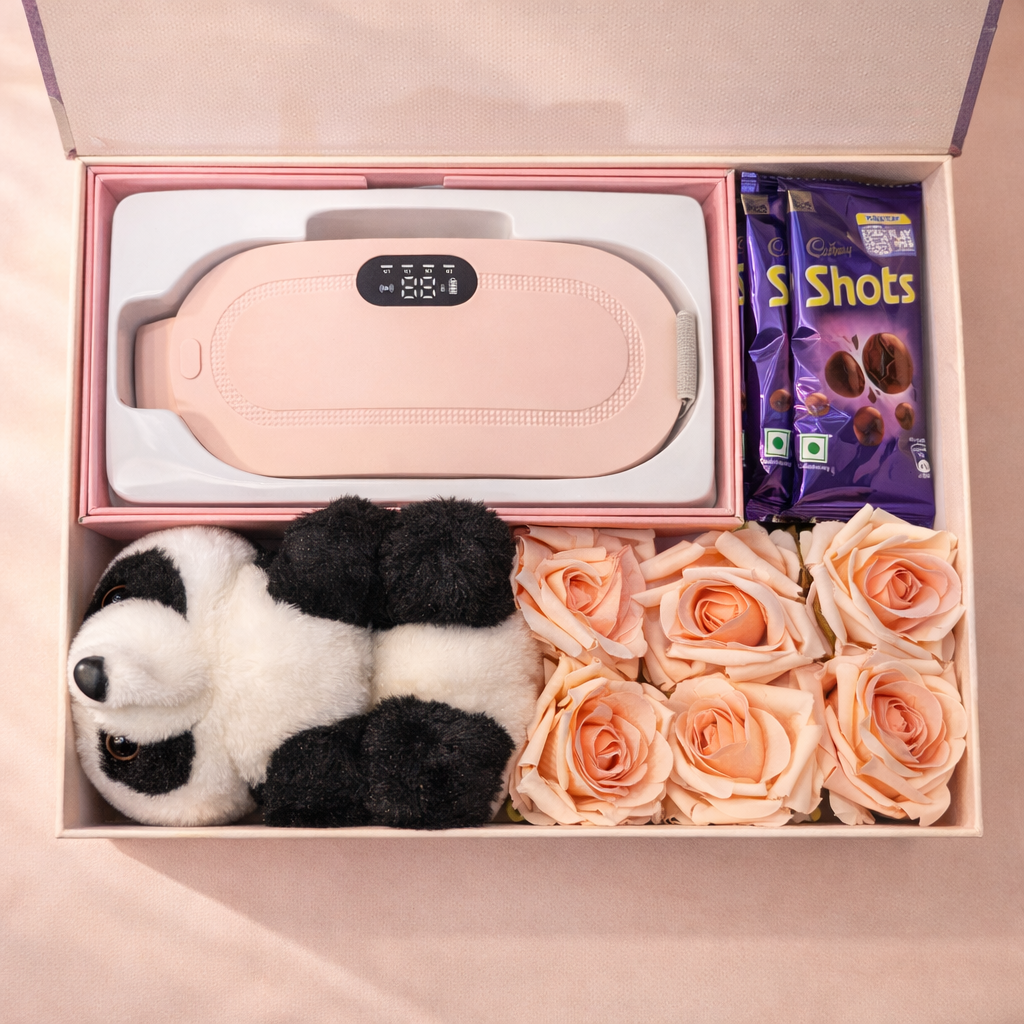 Jushampered™ Luxury Self-Care Gift Hamper for Women | Heating Belt, Panda Plush, Roses & Chocolates