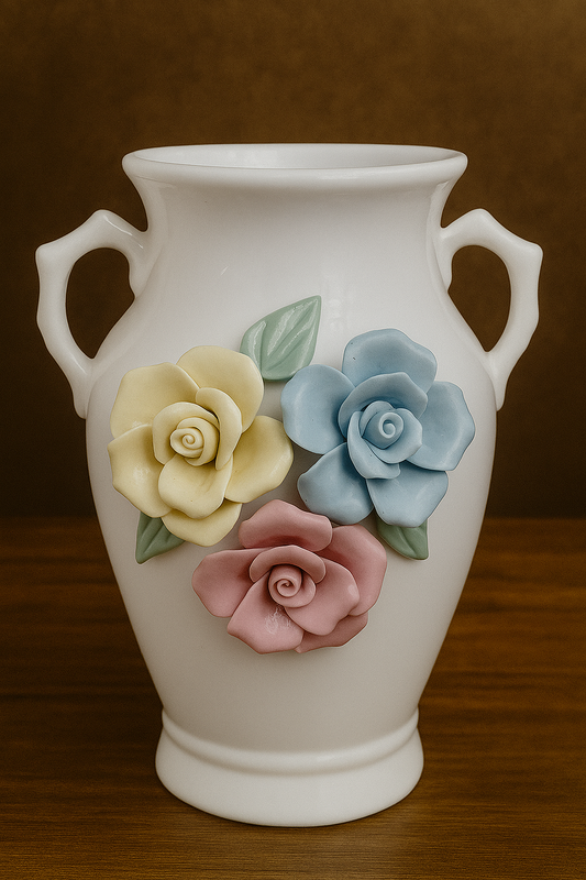 Vintage Charm Floral Ceramic Vase – White with 3D Multicolor Roses & Side Handles