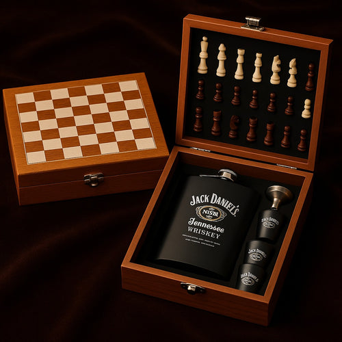 Gentleman’s Whiskey Chess Set – Wooden Chessboard Gift Box with Flask & Shot Glasses