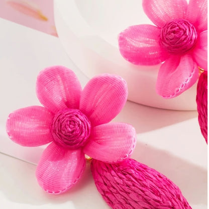 Handmade Floral Raffia Drop Earrings