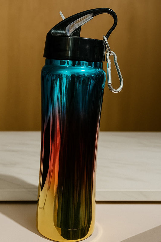 Gradient Steel Sports Bottle – Metallic Finish Sipper with Lid & Carabiner Clip
