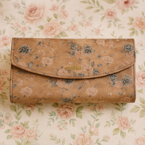 Espelho Vintage Bloom Wallet – Floral Faux Leather Clutch (Beige & Monochrome Editions)