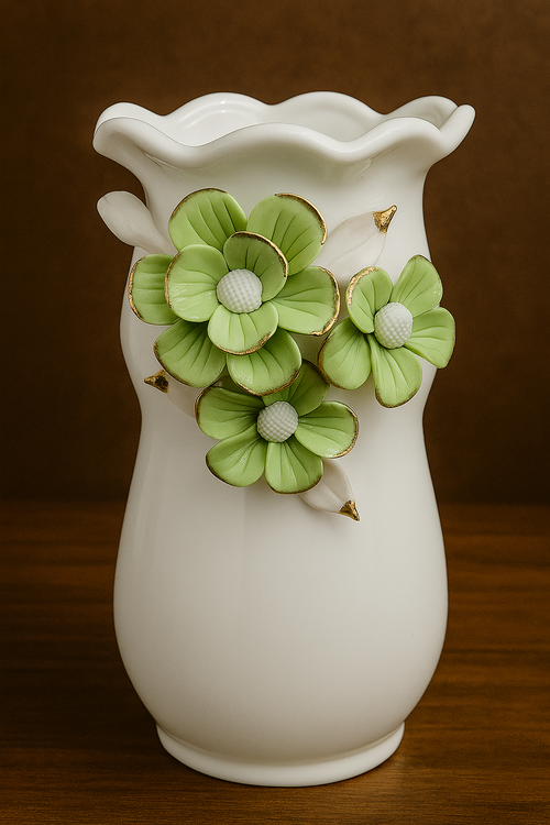 Classic Floral Ceramic Vase – White with Handcrafted Green Blooms & Gold Trim