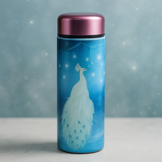 Enchanted Peacock Thermos Bottle – Insulated Steel Flask with Celestial Art & Pink Metallic Lid
