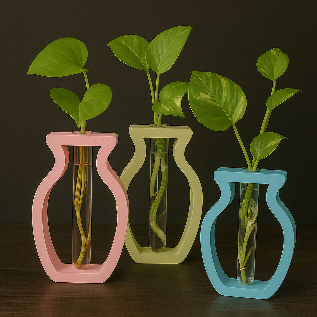 Wooden Frame Glass Tube Vase for Indoor Plants