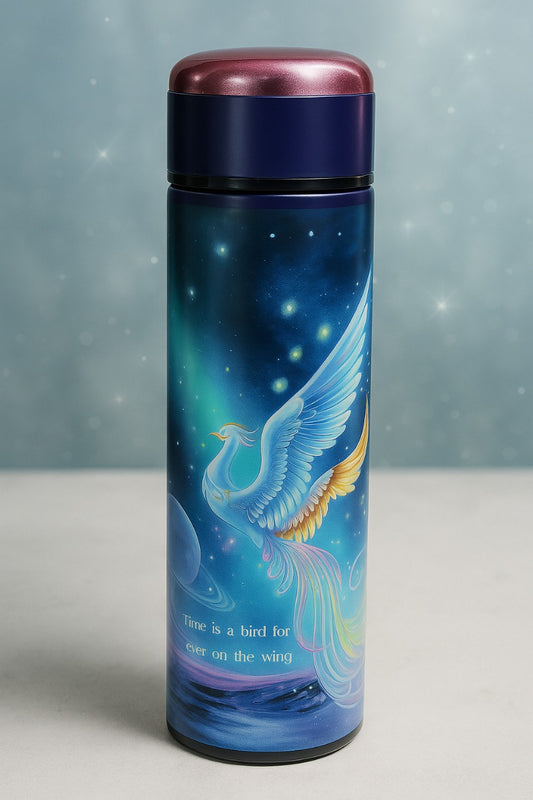 Celestial Phoenix Vacuum Bottle – Insulated Steel Flask with Cosmic Art & Quote