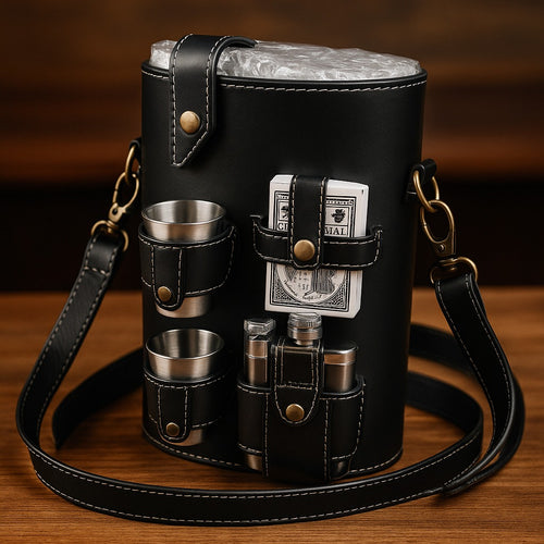 Gentleman’s Mini Bar Travel Set – Portable Leather-Look Flask Kit with Shots & Cards